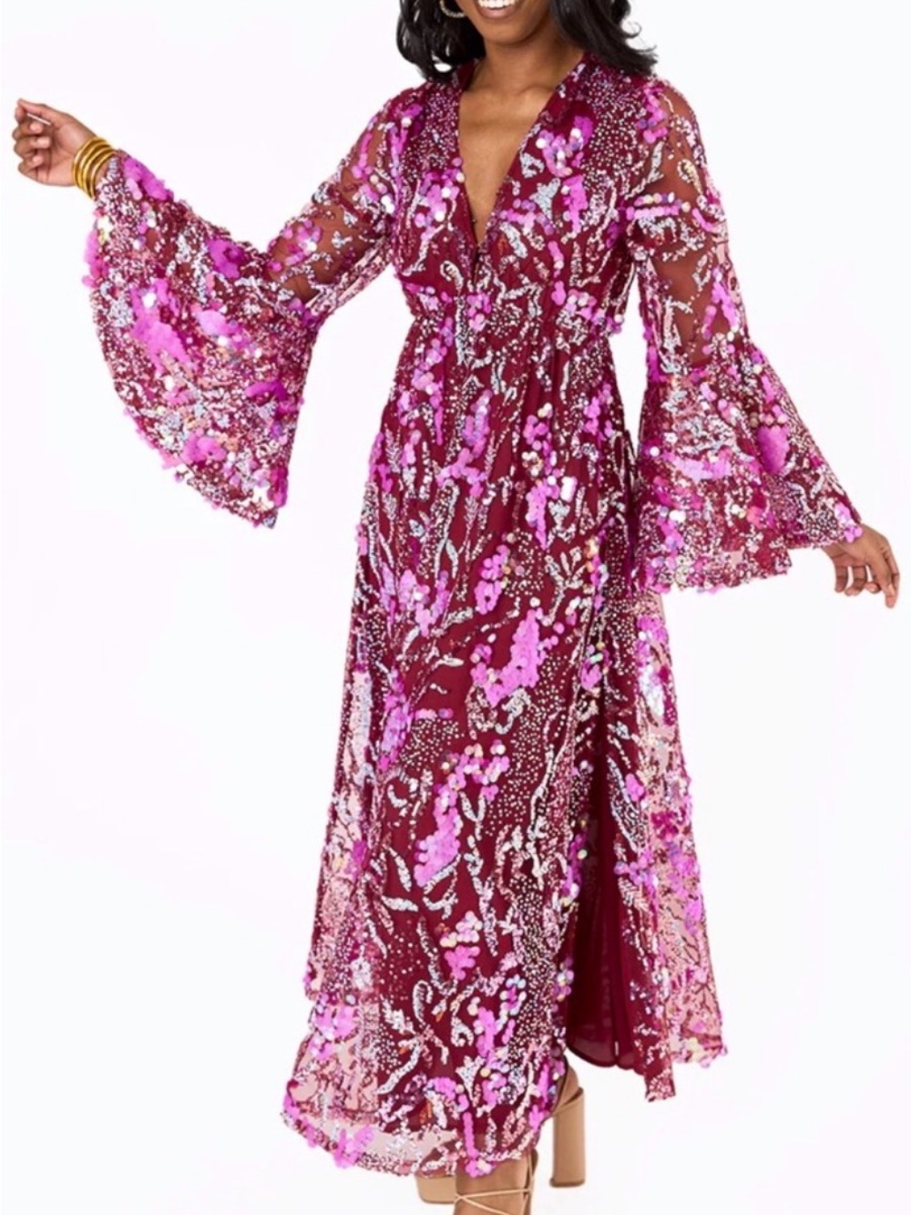Buddy Love Colette Burgundy and Pink Sequin Floral Maxi Dress with Bell Sleeves